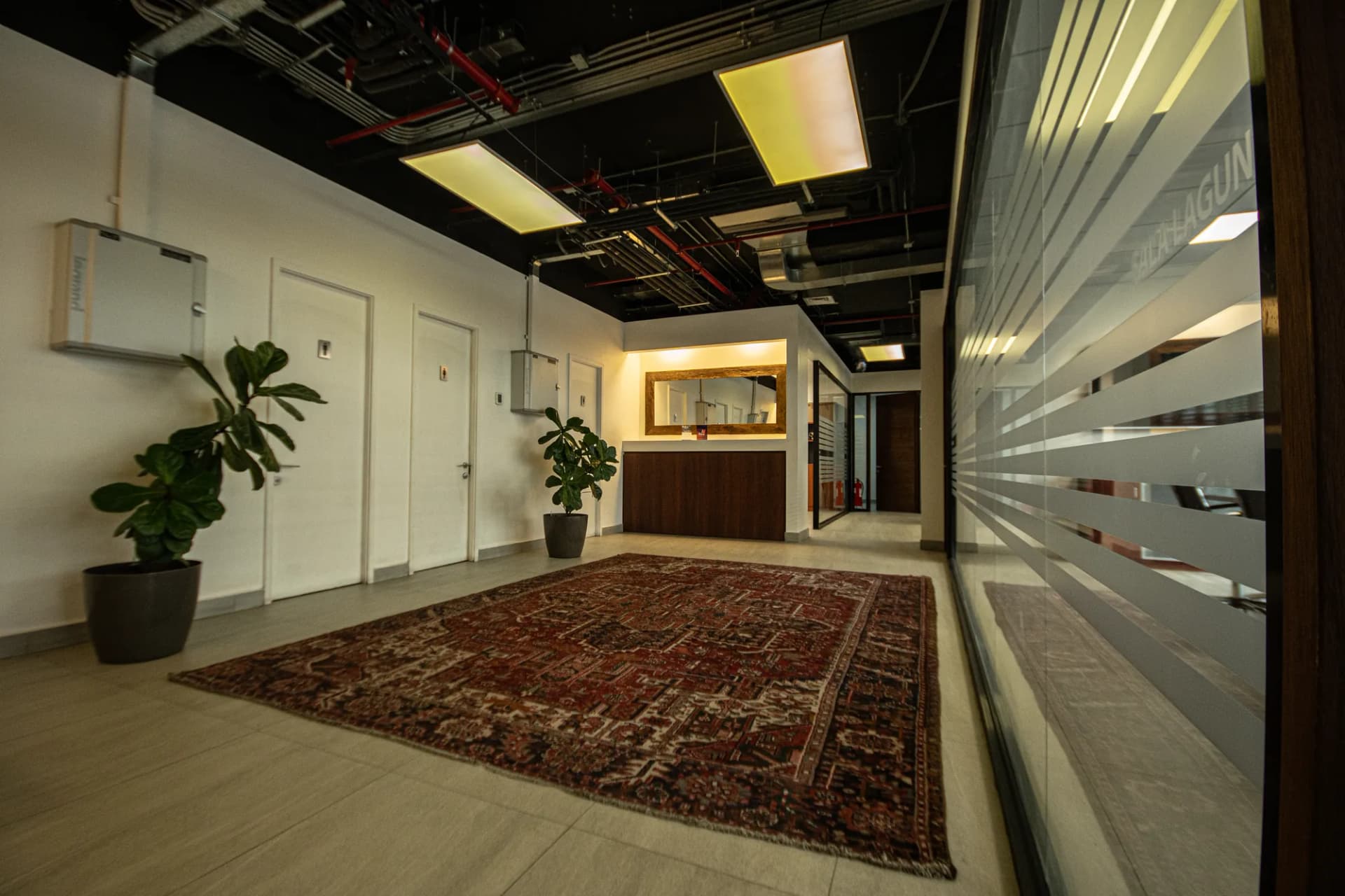Hall de acceso con alfombra y techo industrial a la vista