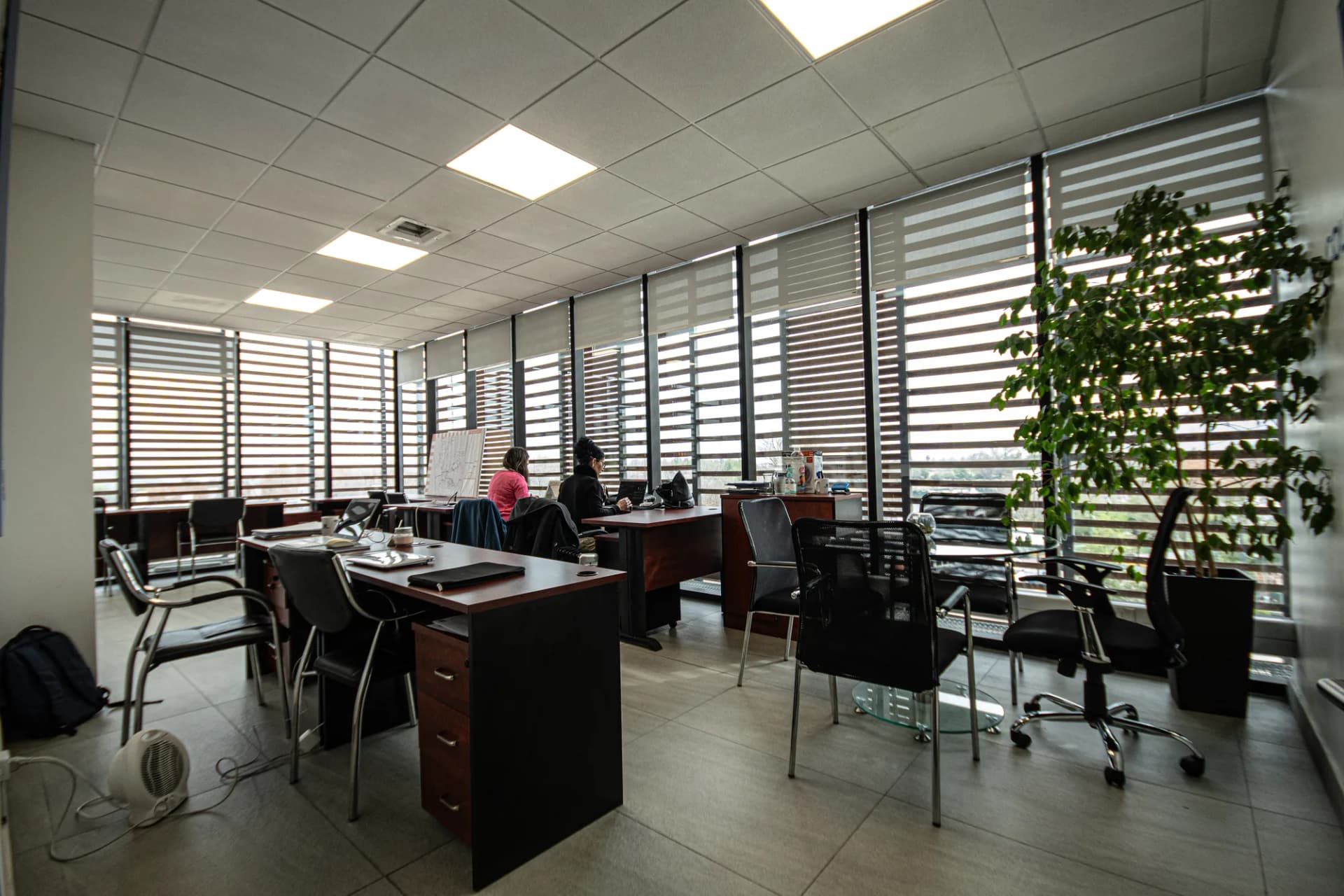 Planta abierta con múltiples puestos de trabajo frente a los ventanales